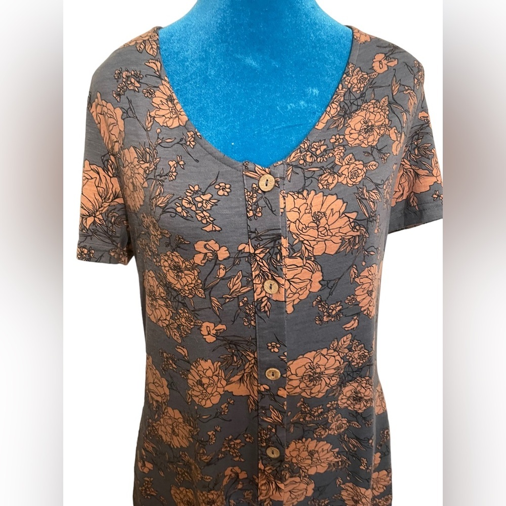 short sleeve button down gray dusty rose floral cottagecore dress - Picture 3 of 12